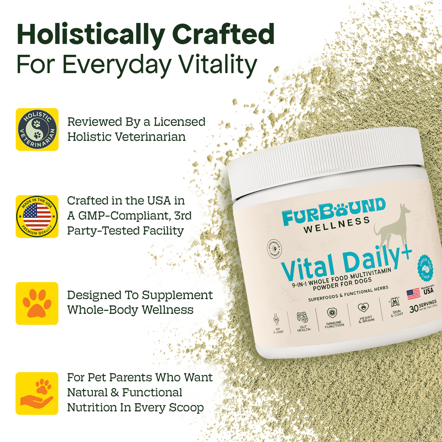 Dog Multivitamin Powder | 9-in-1 Whole Food Dog Vitamins and Dog Supplements that Supports Joint, Digestion, Skin & Coat, Immune, Cognition, Detox, Heart, Antioxidants (Cheesy Beef Flavor)